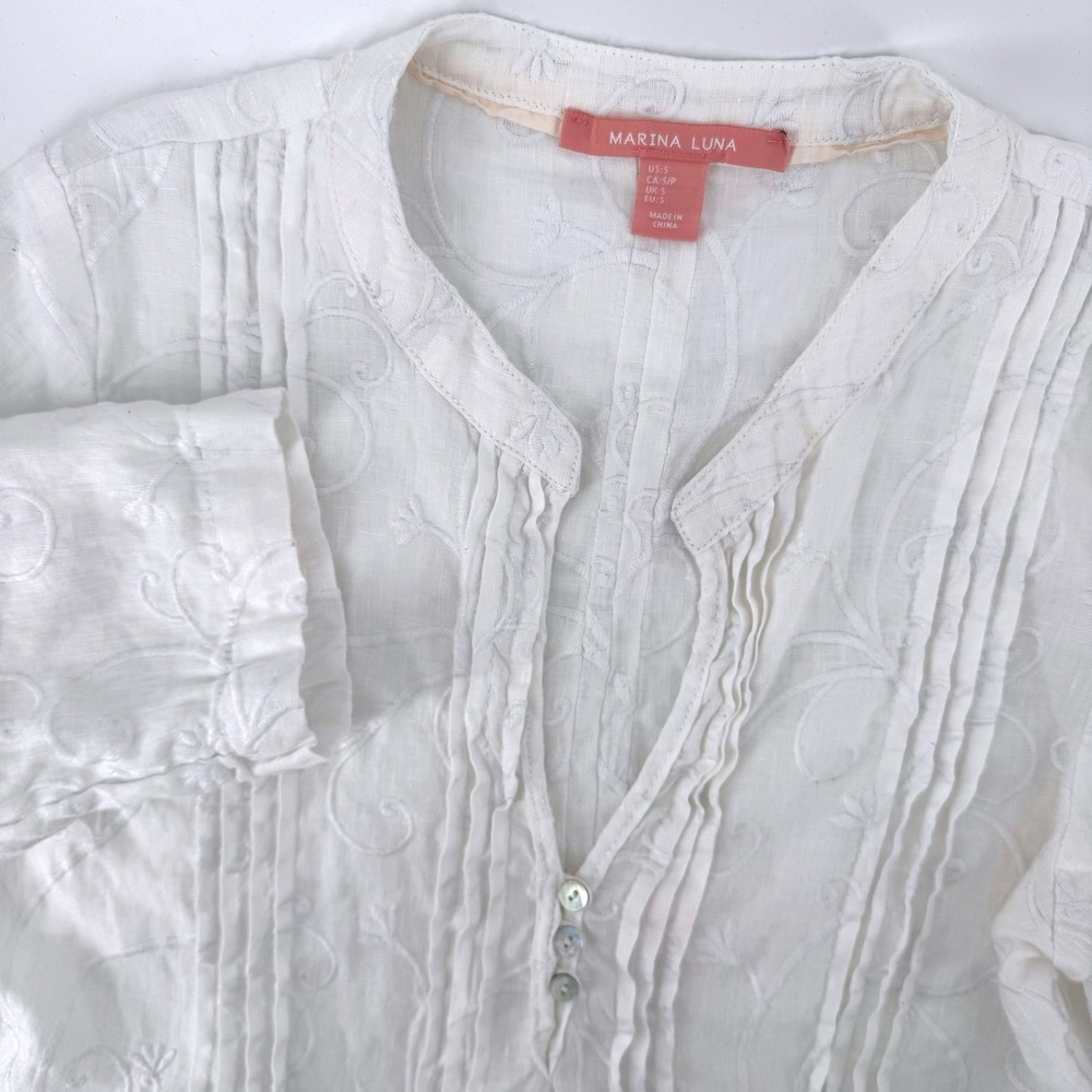 Marina Luna Linen Tunic Top Womens Small White Embroidered Pintuck Roll Tab